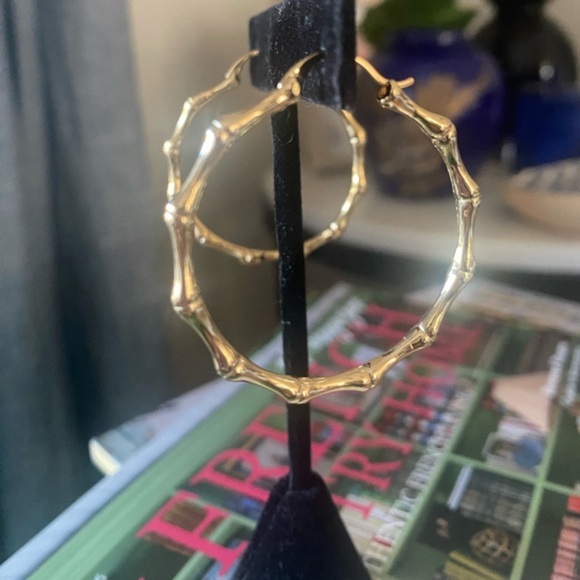 Womens Gold Bamboo Hoop Earrings 18K Gold‎ Plated - Picture 7 of 8